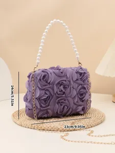 Purple rose handbag with pearl handle and metal chain, elegant evening crossbody bag.