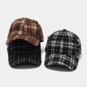 Vintage distressed plaid baseball cap for men and women, casual streetwear distressed hat.
