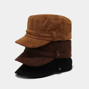 Suede flat top cadet cap retro metal buckle short brim military hat autumn winter trendy