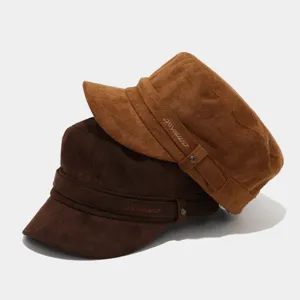 Brown suede flat military cap with embroidered letter detail and vintage metal buckle style