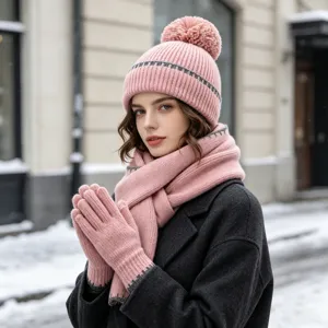 Set de gorro bufanda y guantes de punto rosa conjunto de invierno cálido para mujer.