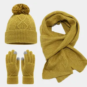 Otoño invierno amarillo mostaza punto conjunto 3 piezas gorro pompón bufanda guantes