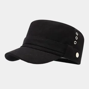 Gorra plana negra con ojecillas metálicas, sombrero militar retro para viajes al aire libre sol.