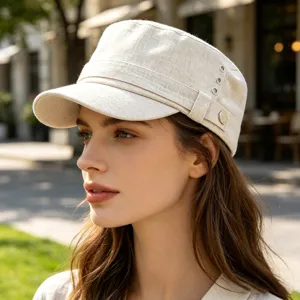 Detalle de la gorra plana de lino beis que muestra ojales metálicos laterales y costuras.