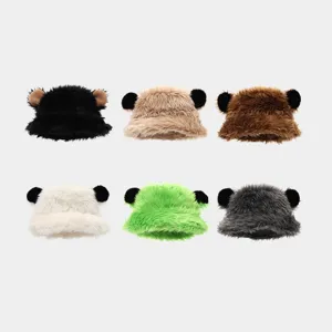 Winter Plush Bear Ear Fisherman Hat Faux Fox Fur Thickened Warm Bucket Hat Sweet Cool Style Outdoor Travel Cap