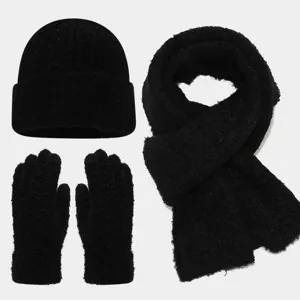 Conjunto de gorro bufanda y guantes de felpa negra invierno cálido ropa de punto accesorios.