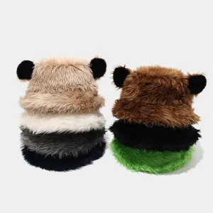 Winter plush bear ear bucket hat faux fur warm thick basin hat sweet cool outdoor cap
