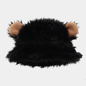 Winter plush bear ear bucket hat, thick warm faux fox fur basin hat, sweet and cool outdoor hat.
