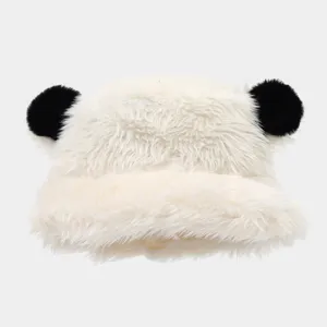 Plush fluffy bucket hat detail view showcasing soft faux fur texture and cute bear ears.