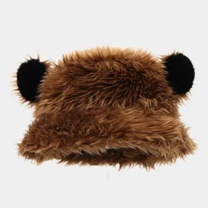 Winter plush bear ear bucket hat, thick faux fox fur warm basin cap for women outdoor travel.