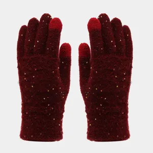 Guantes de punto con lentejuelas rojo oscuro para mujer, guantes táctiles de invierno cálidos.