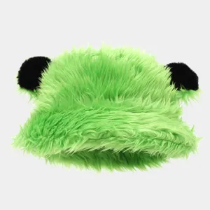 Winter plush bear ear bucket hat green furry warm thick basin cap for outdoor travel