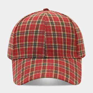 Vintage red plaid baseball cap for women, classic check pattern autumn winter sun hat.