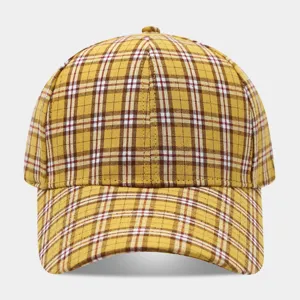 Vintage yellow plaid baseball cap for women, classic check pattern sun hat for outdoor travel.