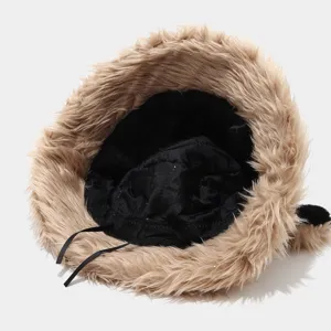 Winter faux fur warm bear ear bucket hat detailed view with thick cold-proof design!