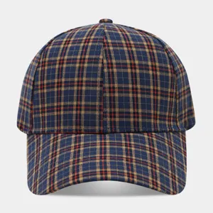 Classic plaid baseball cap featuring retro blue and camel colorblock design for daily outdoor use.