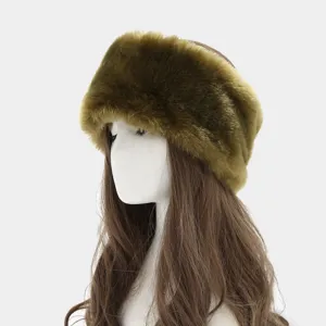 Olive green plush wide headband for women, thick faux fur winter ear warmer and cozy hair accessory.