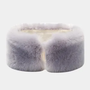 Plush faux fur headband detail, thick warm winter ear warmer close-up texture display.