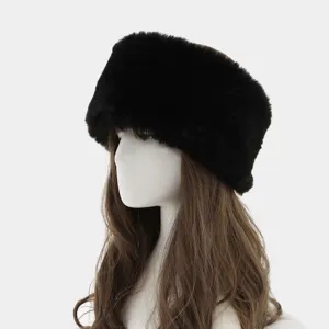 Winter black plush wide headband fluffy faux fur ear warmer cozy cold weather hair accessory