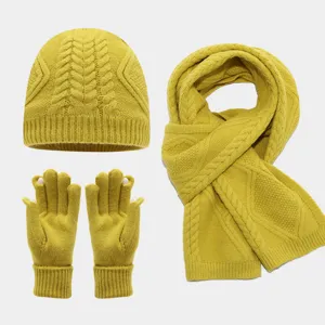 Otoño invierno conjunto de gorro bufanda y guantes de punto trenzado grueso y cálido.