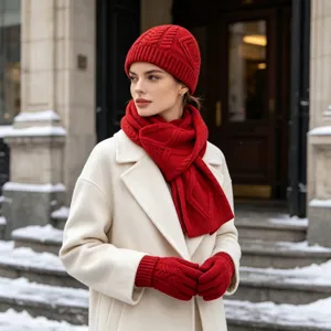 Primer plano del conjunto de gorro, bufanda y guantes de punto trenzado rojo en nieve.