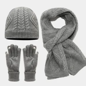 Conjunto de invierno gris de gorro bufanda y guantes táctiles de punto trenzado.
