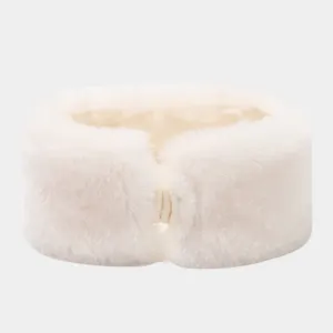 White plush winter headband detailed view, thickened warm furry ear warmer hair accessory.