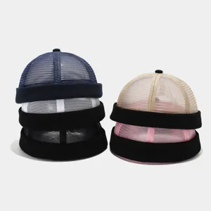 Retro mesh docker hat for men, breathable thin melon cap, casual outdoor cycling brimless cap.