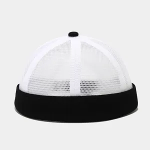 Close-up view of the breathable mesh texture and black rolled brim of this casual docker cap.