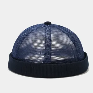 Dark blue mesh docker hat close-up showing breathable fabric texture and solid color rolled cuff design.
