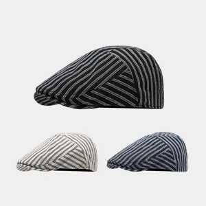 Casquette Plate Rayée Rétro en Coton Bérêt Newsboy Chapeau Style Rétro Décontracté Streetwear Protection Solaire Pour Hommes Femmes