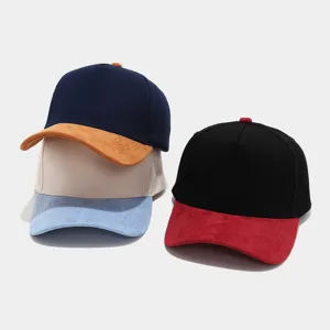 Close-up detail of the stylish suede contrast color baseball cap, high crown 5-panel hat.
