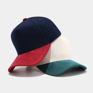 Detail view of suede contrast color baseball cap, soft fabric, stylish outdoor hat.