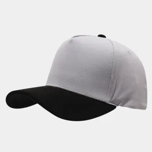 Grey baseball cap with black suede brim, versatile five-panel high crown outdoor hat.