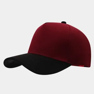 Detail view of the maroon and black colorblock suede baseball cap showing panel texture.