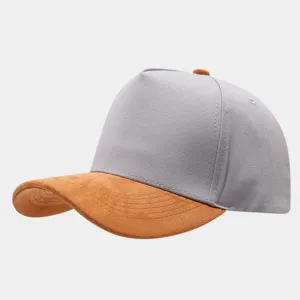 Grey and brown suede panel baseball cap detail view, stylish contrast color design.