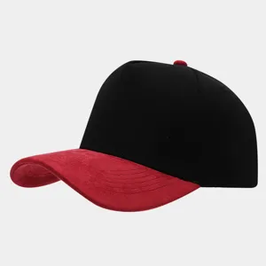Suede spliced baseball cap with color block design, high crown trucker hat, stylish outdoor wear.