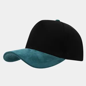 Close-up view of the color block baseball cap featuring a black crown and teal suede brim.