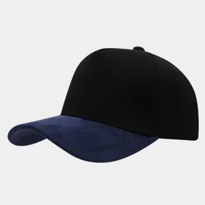 Detailed view of the black and blue suede contrast panel baseball cap, stylish outdoor hat.