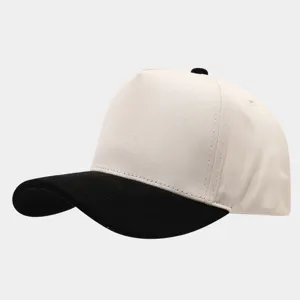 Minimalist two-tone baseball cap detail, suede texture, high crown five-panel design.