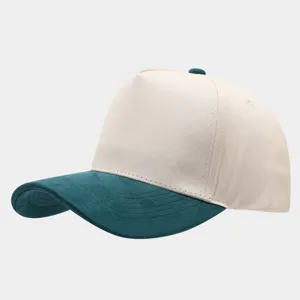 Detailed view of the colorblock suede baseball cap, showing the two-tone panel stitching.