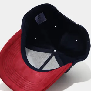 Interior detail display of the stylish two-tone baseball cap with a suede brim.