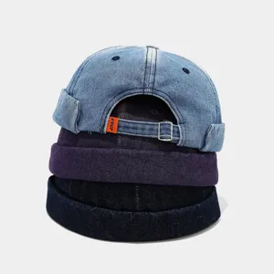 Retro washed denim docker cap stacked detail view, street style brimless miki hat.