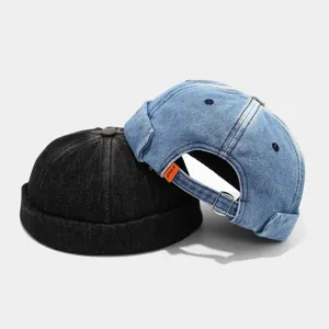 Vintage washed denim docker cap set, stylish retro roll-up brimless beanie hat for men and women.