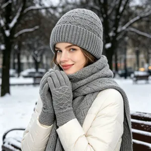 Conjunto De Gorro Bufanda Y Guantes Tactiles De Acrílico Cálido De Invierno Con Patrón Ondulado De Lentejuelas Para Mujer