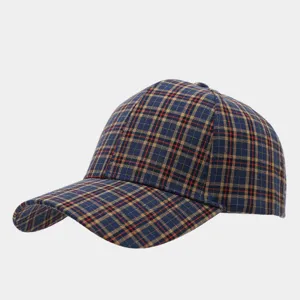 Detailed close-up view of the blue plaid baseball cap showcasing the fabric texture and pattern.