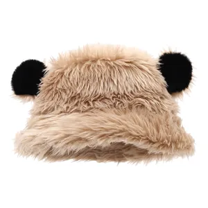Winter plush bear ear bucket hat faux fur thick warm basin hat cute outdoor travel cap