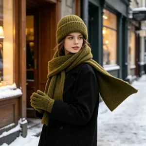 Conjunto de punto verde oliva con gorro, bufanda y guantes cálidos en detalle urbano de invierno.