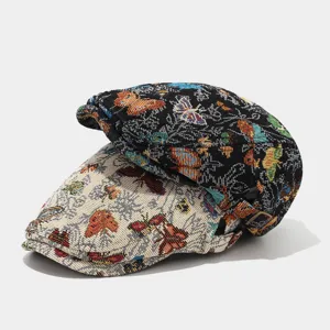 Vintage butterfly jacquard flat cap for women, ethnic style newsboy painter hat with adjustable strap.