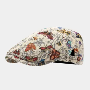 Vintage butterfly jacquard flat cap for women, ethnic woven newsboy painter hat with adjustable strap.
